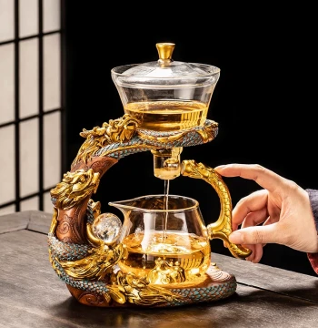 Year of the Dragon Glass Lazy Automatic Tea Set, Premium Home Teapot, Office Guest Reception Kung Fu Tea Brewing Tool