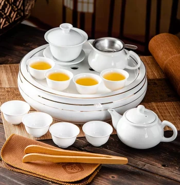 Complete Chaoshan Traditional Kung Fu Tea Set, Gold-Trimmed Pure White Set, Home Round Double-Layer Ceramic Tea Tray and Sea