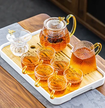 Glass Tea Set for Home, Amazing Kung Fu Hammered Pattern Teacups, Light Luxury Office Guest Teapot and Brewing Pot
