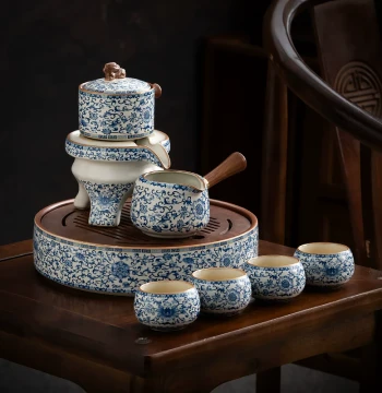 Ru Kiln Blue and White Automatic Tea Set for Home Use, Kung Fu Teapot, Teacups, Ceramic Tea Tray, Complete Lazy Tea Brewing Artifact