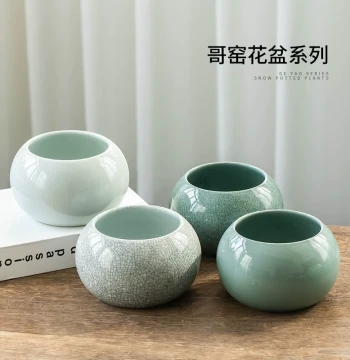 Chinese Style Ink-Wash Ge Kiln Bamboo Zen Green Plant Ceramic Pot Home Desktop Decorative Bonsai Ornament