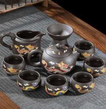 Heat-Color-Changing Purple Clay Kung Fu Tea Set, Dragon and Phoenix Prosperity Design, Complete Tea Brewer with Raw Ore Clay Teapot and Teacups for Home Use
