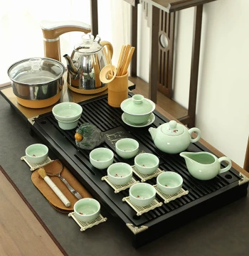 Complete Home Tea Set with Automatic Solid Wood Tea Tray for Living Room Kung Fu Tea Ceremony
