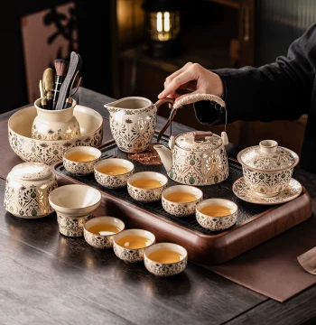 Ru Kiln Dunhuang Kung Fu Tea Set, Premium Lightweight Luxury Ceramic Teapot and Teacups with Dry Brewing Tray, Complete Home Tea Service