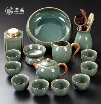 Ge Kiln Kung Fu Tea Set for Home and Office, Complete Lightweight Ice-Crack Glaze Teapot, Cups, and Tray Set