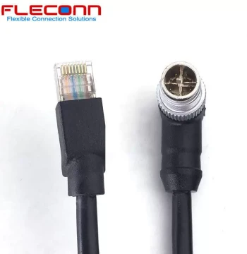 90-Degree Right-Angle Elbow M12 X-Coded 8-Pin 8-Core Male to RJ45 Ethernet Cable, 10-Gigabit CAT6A 10GB/S