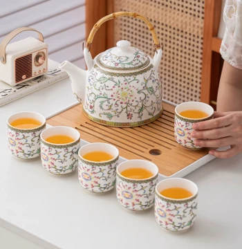 Enamel Color Lift-Handle Pot Kung Fu Tea Set, Ceramic Home and Office Imperial Style Large Capacity Teapot and Cup Set