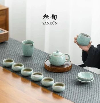 Sanxun Ru Kiln Ice Flower Glaze Kung Fu Tea Set, Complete High-End Office Light Luxury Chinese Style Tea Brewing Gift Set