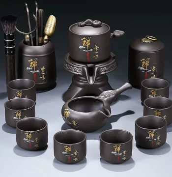 Purple Clay Lazy Kung Fu Tea Set for Home, Minimalist Semi-Automatic Tea Brewer, Teapot and Cup Set, Creative Stone Mill Design, Complete Set