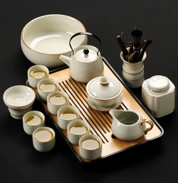 Beige Ru Kiln Kung Fu Tea Set for Home Use, 2026 New Crackle Glaze Teapot, High-End Office Tea Brewing and Drinking Complete Set