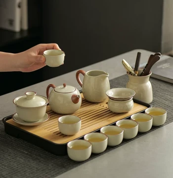 Ru Kiln Kung Fu Tea Set for Home and Office, Tea Brewing, 2026 New Teapot, Teacups, Gaiwan, and Tea Tray