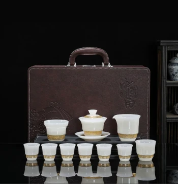 Chinese Style Pu Jade Porcelain Auspicious Clouds Kung Fu Tea Set Gaiwan Complete Set Ceramic Ice Jade High-End Gift Box Packaging