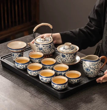 Blue and White Huang Ru Kiln Tea Set for Home Use, Light Luxury High-End Ceramic Teapot and Kung Fu Tea Cup Complete Set, 2026 New Arrival