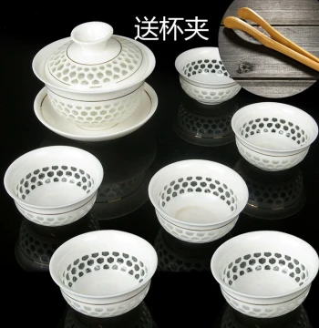 Ice Crystal Honeycomb Exquisite Ceramic Tea Set, Hollow Blue and White Porcelain with Gold Lines, Complete Kung Fu Tea Bowl, Gaiwan, and Cup Set with Free Shipping