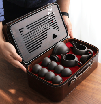 Jingfu Jiangxin Xishi Pot Purple Clay Kung Fu Tea Set Complete Home Travel Leather Case Tea Tray Teapot Custom Engraving