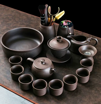 Purple Clay Carved Kung Fu Tea Set - 2025 New Chinese Style Ceramic Teapot, Gaiwan, and Cup Set for Home Brewing