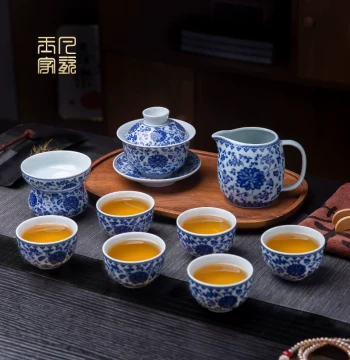 Premium Home & Office Kung Fu Tea Set Jingdezhen Blue and White Porcelain Gaiwan Teacup Ceramic Teapot Complete Set