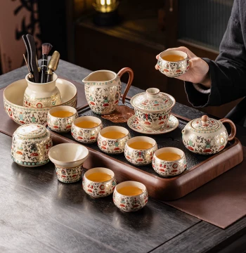 Ru Kiln Dunhuang Lotus Shadow Kung Fu Tea Set, Home Use Anti-Scald High-End Ceramic Teapot and Teacups for Office Tea Drinking