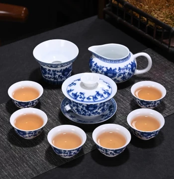 Kung Fu Tea Set with Thin Porcelain Body, Classic Blue and White Porcelain, Ceramic Gaiwan, Sancai Cup, Underglaze Color, Retro Tea Tray, Complete Set