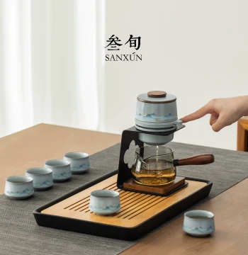 Sanxun Temperature-Sensitive Ru Kiln Cloud-Pattern Gongfu Tea Set Home Office Tea Brewing Artifact Complete Premium Gift for Elders