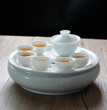 Chaoshan White Porcelain Kung Fu Tea Set with Round Drum-Shaped Water Storage Tea Tray 10-inch, Complete Pure White Ceramic Gaiwan and Teacups