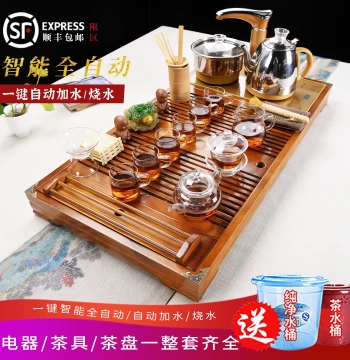 Complete Kung Fu Tea Set for Home Use with Automatic Solid Wood Integrated Tea Tray, Electric Kettle, Auto Water Dispenser, Tea Table, and Tea Desk
