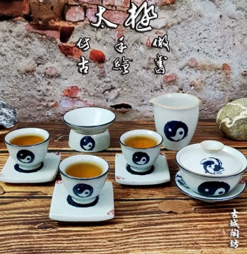 Tai Chi Teacup Gaiwan Hand-Painted Daoist Antique-Style Brewing Bowl Sancai Bowl Ceramic Tai Chi Kung Fu Tea Set Gift Box Complete Set