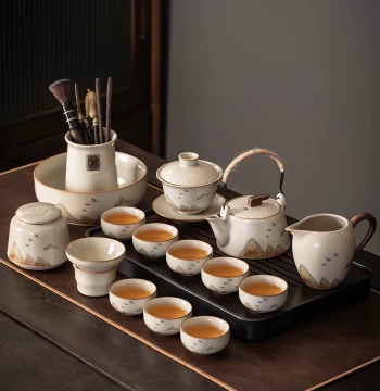 Beige Ru Kiln Kung Fu Tea Set Home Light Luxury Teapot Gaiwan Brewing Office Ceramic Teacup Tea Tray Complete Set