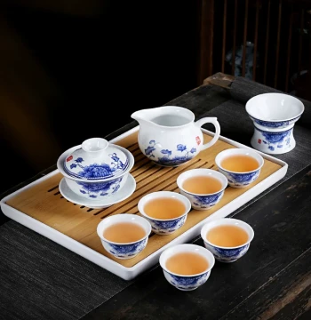 Tea Set Blue and White Ceramic Home Teapot Kung Fu Gaiwan Complete Set Minimalist Office Guest Teacup Minor Flaws