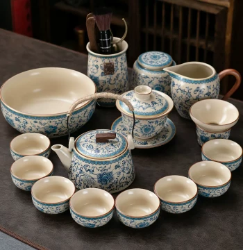 Beige Ru Kiln Kung Fu Tea Set, Blue and White Interlocking Lotus Overglaze Enamel Teapot and Gaiwan Complete Tea Brewer, Chinese Style Ceramic