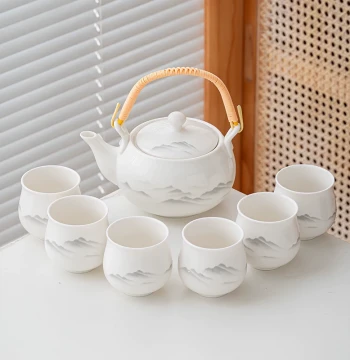 Dehua White Porcelain Lift-Handle Pot Kung Fu Tea Set, Ceramic Household Ink-Wash Style Modern Minimalist Teapot and Teacup Complete Set
