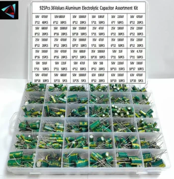36 Types 925 Pieces Aluminum Electrolytic Capacitor Assortment Kit 1uF~1500uF, Through-Hole High Frequency Capacitors 10V~63V Boxed