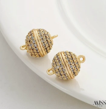 14K Gold-Plated Color-Retaining Zircon Round Ball Magnetic Clasp Magnetic Buckle End Connector for DIY Bracelet Necklace Clasp