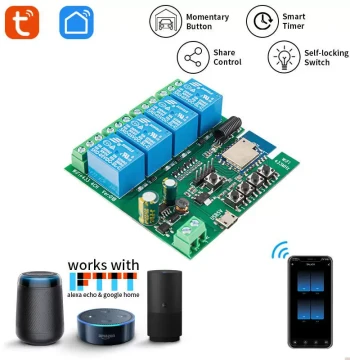Compatible with Tuya WiFi RF 4-Channel 5V12V Switch Module, Momentary/Self-Locking Remote Voice Control