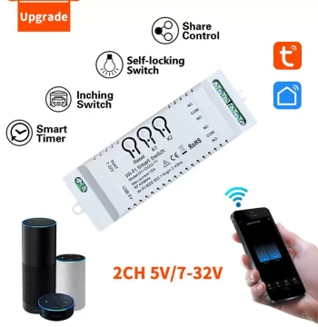 Compatible with Tuya WiFi RF Two-Channel 5V/12V Relay Module, Momentary/Self-Locking Remote Voice Control A