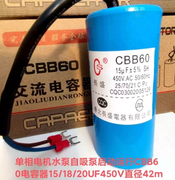 Single-Phase Motor Water Pump Self-Priming Pump Capacitor for Guangdong Yangchun Pump Start Run 15/18/20 UF 450V