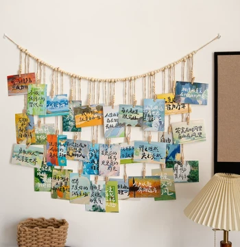 Hanging Photo Wall Without Drilling - Wooden Beads, Hemp Rope, and Clips for Photo Display and Creative Home Decor