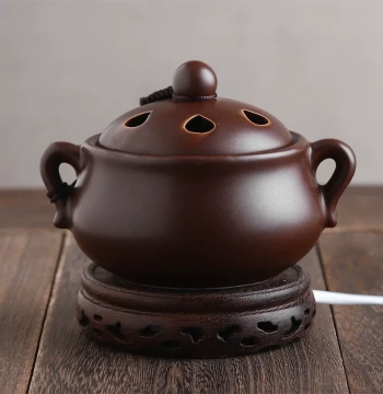 Timer Temperature-Control Electric Incense Burner, Ceramic Agarwood Sandalwood Burner, Plug-in Wood Powder Essential Oil Diffuser, Purple Clay Color Double-Ear Design