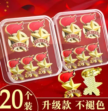 Boxed Young Pioneers Emblem Standard Elementary School Badge, Chinese Young Pioneers Torch-Style Pin, School Badge