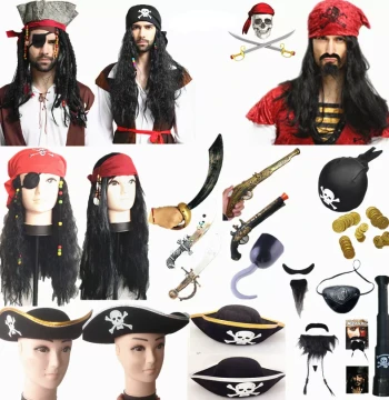 Halloween Pirate Props Set - Caribbean Hats, Guns, Swords, Hooks, Beards, Wigs, Eye Patches, Coins, Flags & Socks