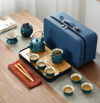 Japanese Style Travel Kung Fu Tea Set Small Kit, Simple Home Ceramic Teapot and Cups, Outdoor Tea Tray with Portable Bag
