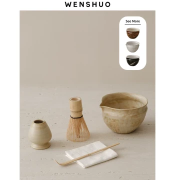 WENSHUO Wabi-Sabi Style Matcha Set with Chasen Whisk, Retro Japanese Teapot with Spout, Hundred-Prong Stand, Song Dynasty Point Tea Ceremony