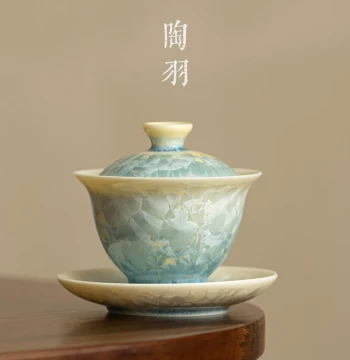 Premium Crystalline Glaze Sancai Gaiwan: Fresh Style Kung Fu Tea Ceramic Bowl, Ideal Gift for Mid-Autumn Festival and Teachers' Day