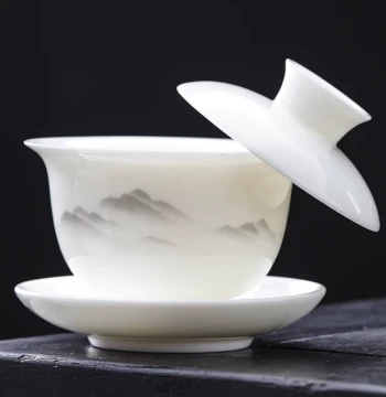 Mutton Fat Jade White Porcelain Suspended Rotating Gaiwan Ceramic Single High-End Sancai Heat-Resistant Tea Set Tea Bowl Teacup