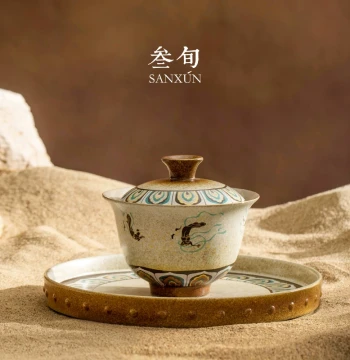 Sanxun Dunhuang Cultural Creative Feitian Sancai Gaiwan Teacup, Ceramic Home Use Single Brewing Bowl, Premium Tea Set Three-Piece Suite