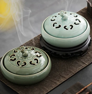 Ru Kiln Gourd Extra-Large Mosquito Coil Burner with Lid, Household Mosquito Coil Box, Mugwort Plate Tray, Ceramic Ornament