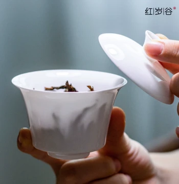 Ultra-Thin Bone China Horse-Hoof Shaped Gaiwan, Premium White Porcelain Small Capacity Sancai Large Lidded Bowl, Chaozhou Kung Fu Tea Cup and Teaware