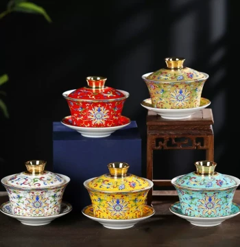 Jingdezhen Enamel Color Brewing Sancai Gaiwan Teacup, Single High-End Ceramic Tea Bowl, Eight Treasures Tea Cup