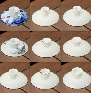 Gaiwan Lid: White Porcelain with Gold Trim, Single Lid, Blue and White Porcelain Sancai Gaiwan Tea Bowl Lid, Ceramic Replacement Lid