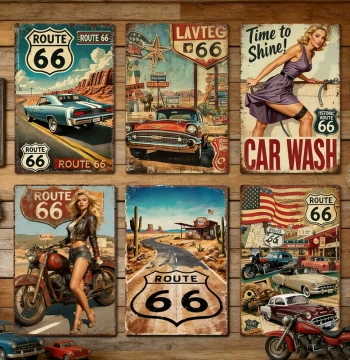 American Retro Nostalgic Tin Sign, Route 66 Wall Hanging Decor for Bars, Garages, Restaurants, Industrial Style Wall Art